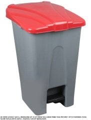 Safell Plastik Köşeli Pedallı Çöp Kovası 70 Lt - Tekerlekli - Pedallı Çöp Konteyneri - Gri Kırmızı