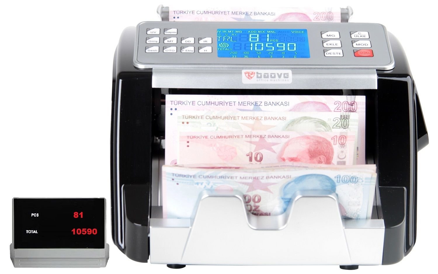 Baove GB83000 Karışık Para Sayma Makinesi - TL - Euro - Usd - Türkçe Sesli Uyarı + Müşteri Ekranı