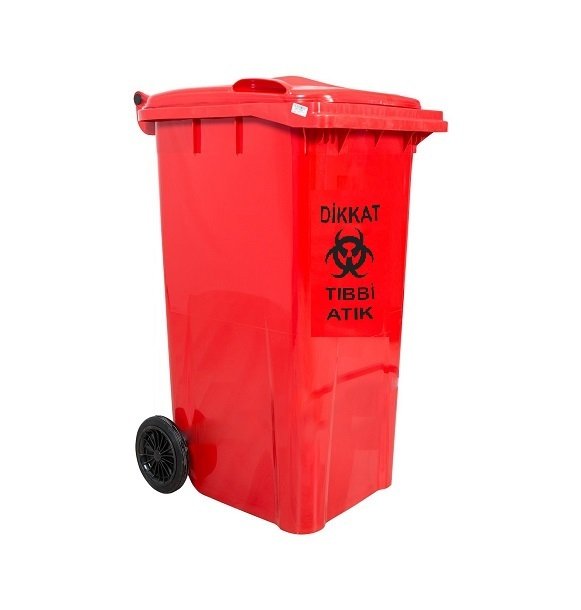 Safell Tıbbi Atık Çöp Konteyneri 240 lt Tekerlekli A+ Isiya Karşı Dayanıklı Kırmızı